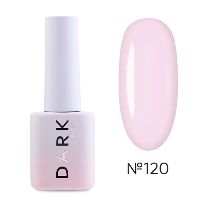 Light pink UV gel nail polish bottle with swatch, shade number 120, for manicures