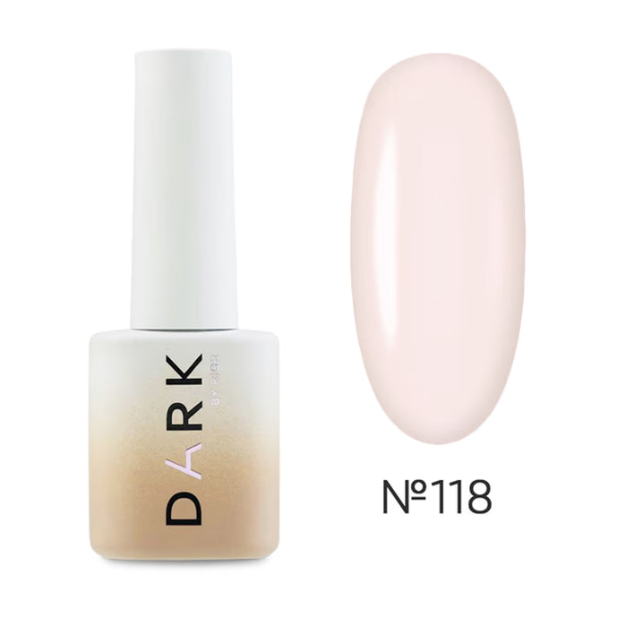 Light nude pink gel nail polish bottle with matching swatch, shade number 118