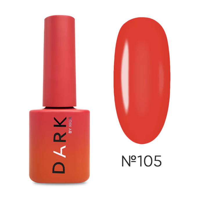Red gel nail polish bottle and matching color swatch labeled No 105, manicure product