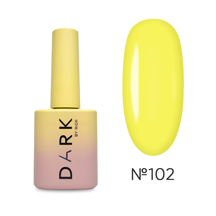 Yellow gel nail polish bottle with bright yellow color sample, shade No 102, manicure product