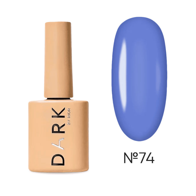 Gel nail polish bottle with beige cap and swatch of glossy periwinkle blue, shade 74