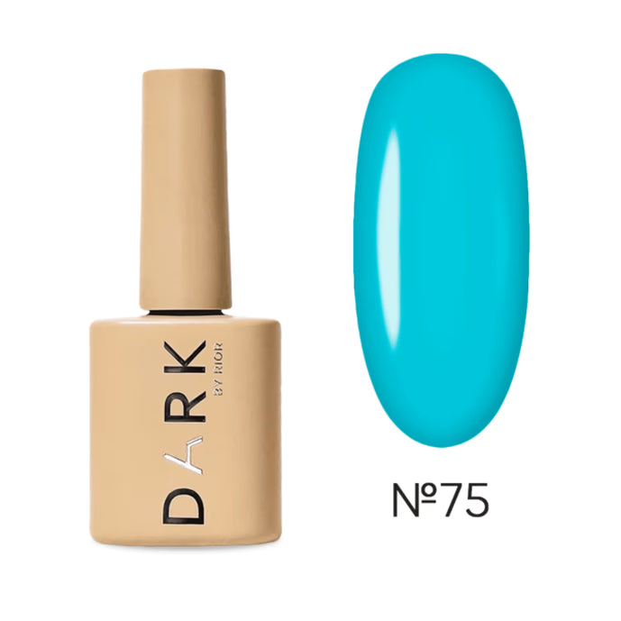 Beige nail polish bottle with bright turquoise gel polish swatch, shade number 75