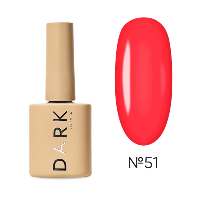 Beige bottle of gel nail polish with vibrant coral swatch, shade number 51.