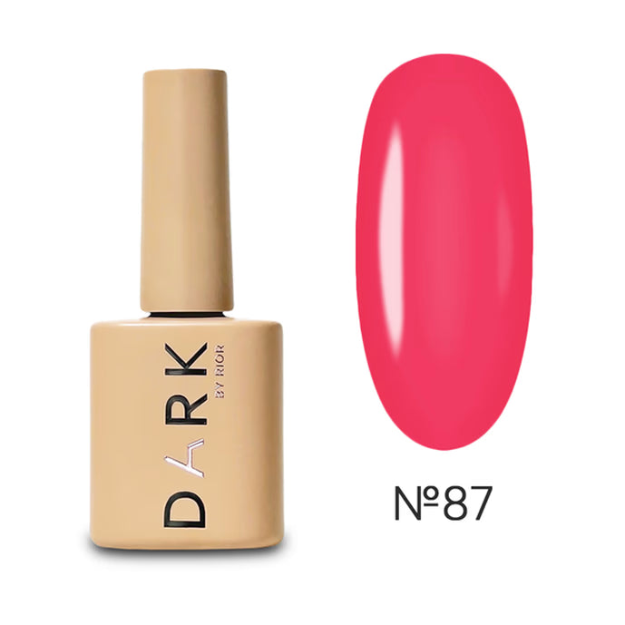 Beige bottle of DARK gel polish with glossy pink nail color swatch, shade No. 87
