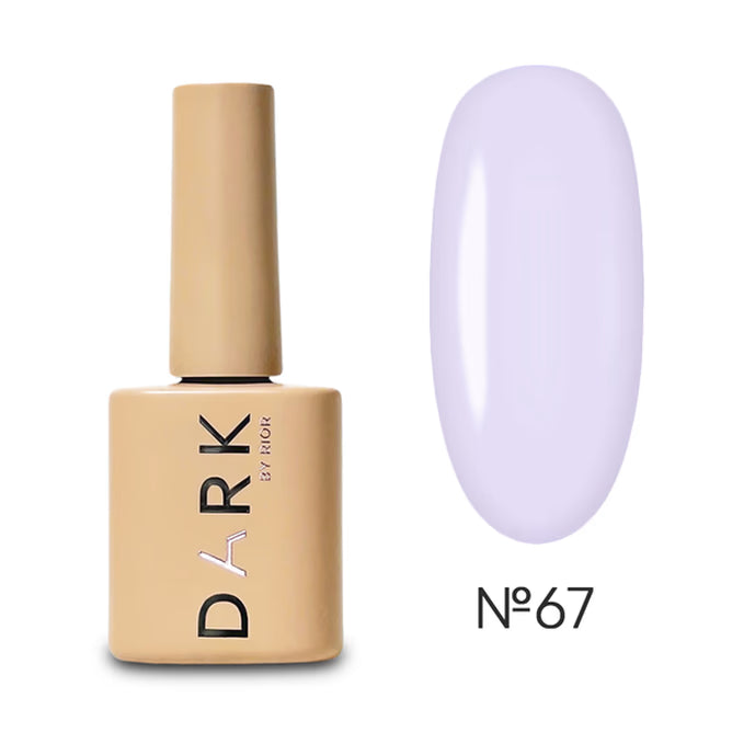Neutral beige nail polish bottle labeled 'DARK' with light lavender gel polish swatch, No.67