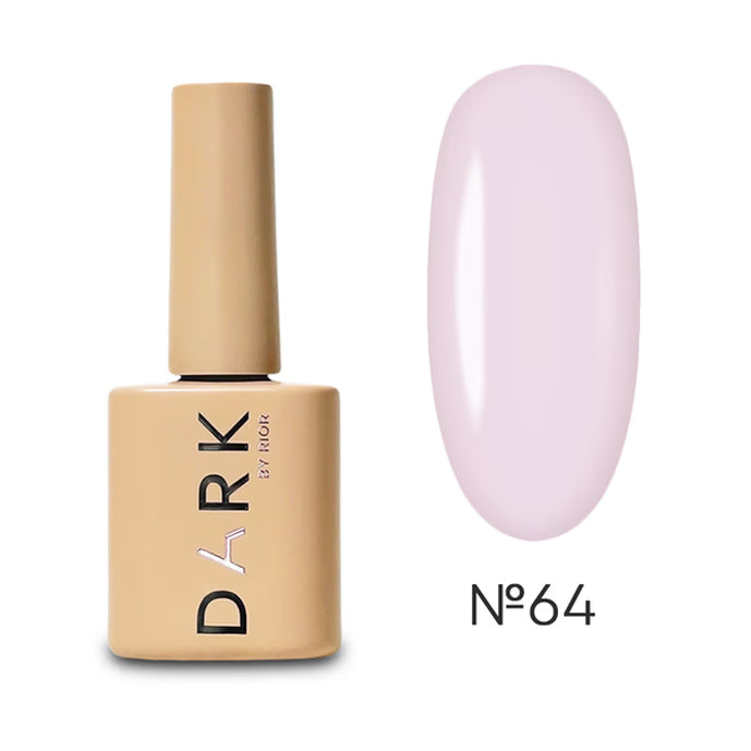 Beige bottle of DARK gel polish with light pink swatch, shade number 64 for manicures