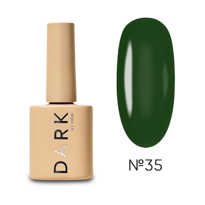 Dark green gel nail polish bottle with swatch, shade number 35
