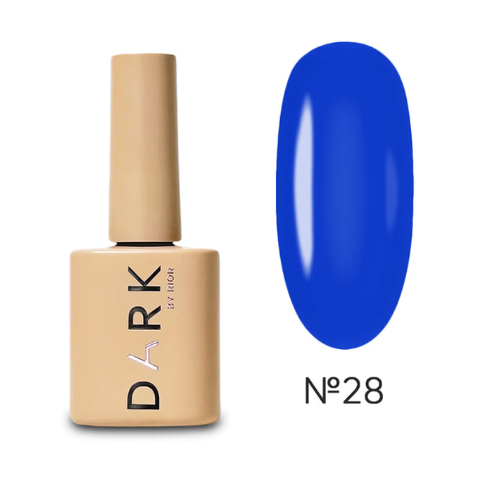 Beige bottle of gel nail polish with blue swatch, labeled No. 28, for manicure use.