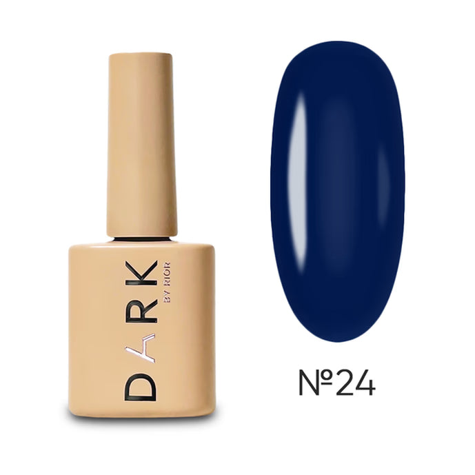 Beige bottle of gel nail polish with dark blue swatch, labeled No24, professional manicure