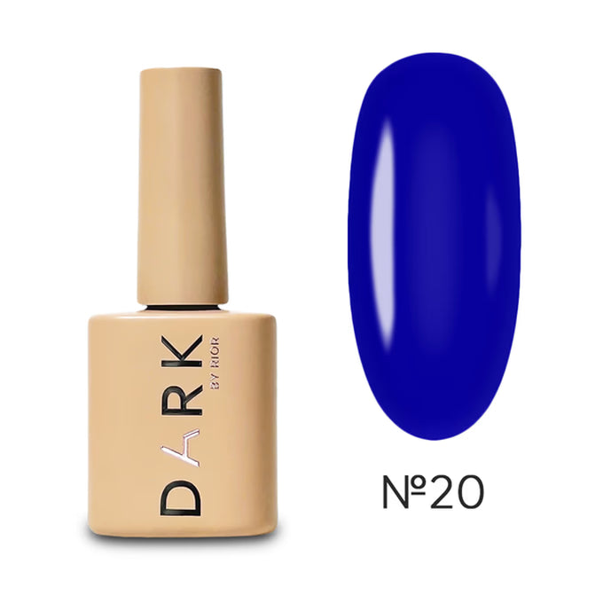 Blue gel polish bottle with swatch, UV nail color No. 20 for manicure