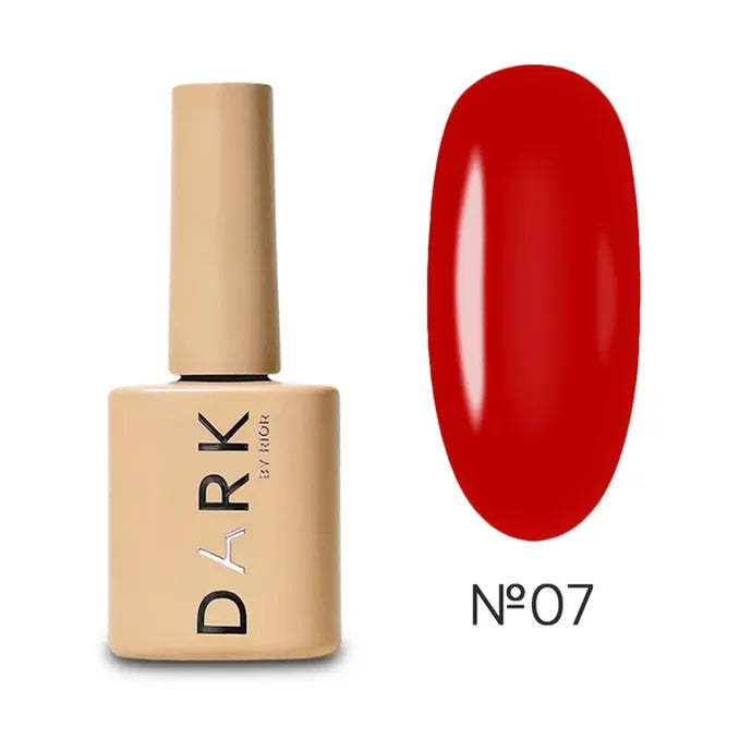 Beige bottle of gel nail polish with bold red swatch, shade number 07, manicure product
