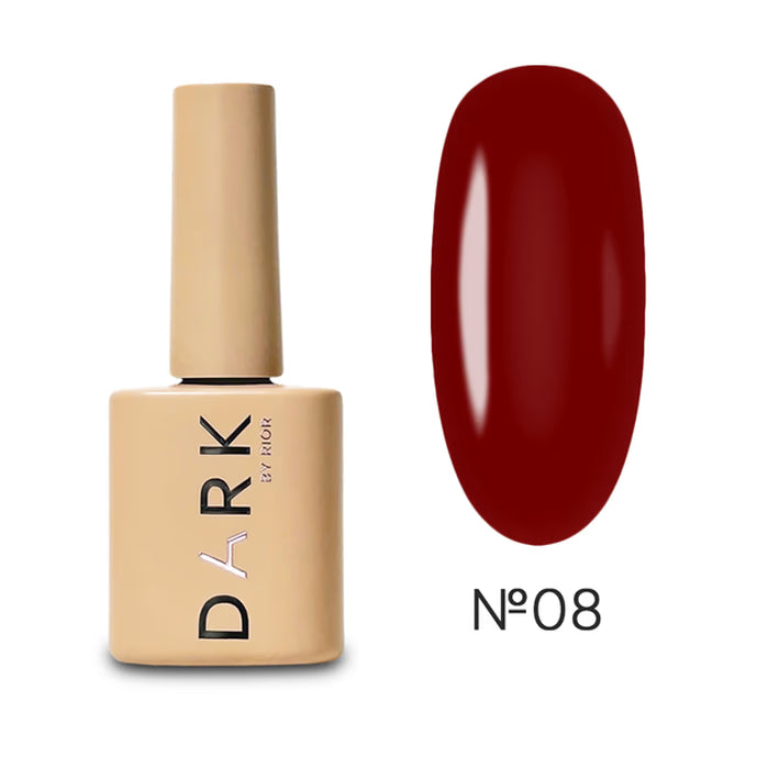Dark red gel nail polish bottle with sample swatch, shade number 08