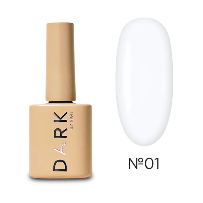 UV gel polish bottle with beige cap and white nail color sample, shade No 01