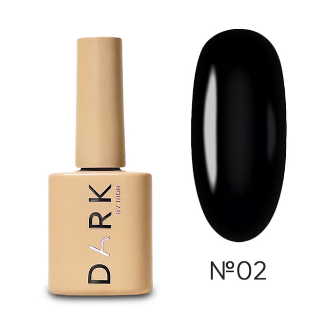 Black gel nail polish bottle with swatch, shade number 02, professional manicure