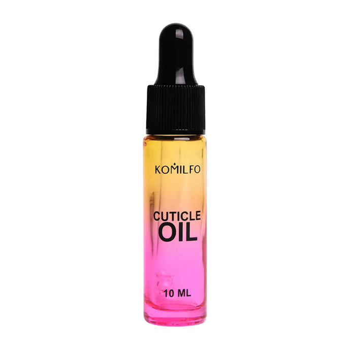 Komilfo cuticle oil bottle with gradient yellow-pink liquid, 10 ml dropper for nail care