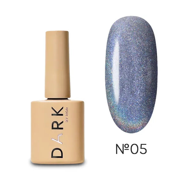 Beige bottle of DARK gel polish with holographic gray nail swatch, shade No. 05.