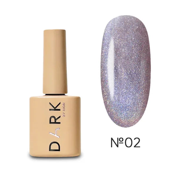 Holographic silver nail polish bottle with swatch labeled No02, gel manicure product