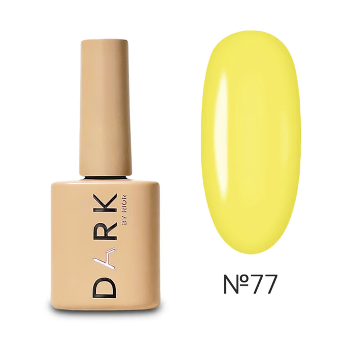 Yellow gel nail polish bottle with swatch, label number 77, manicure product