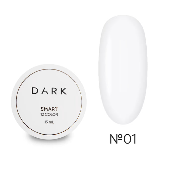 White UV gel polish jar and nail color sample, labeled Dark Smart 12 Color No 01, 15 mL.