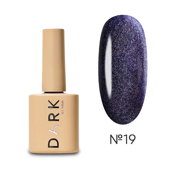 Dark gel nail polish bottle with a swatch of glossy, glittery deep purple shade No. 19