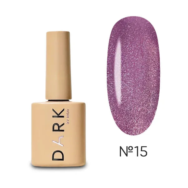 Beige bottle of gel nail polish with purple glitter swatch, shade number 15.