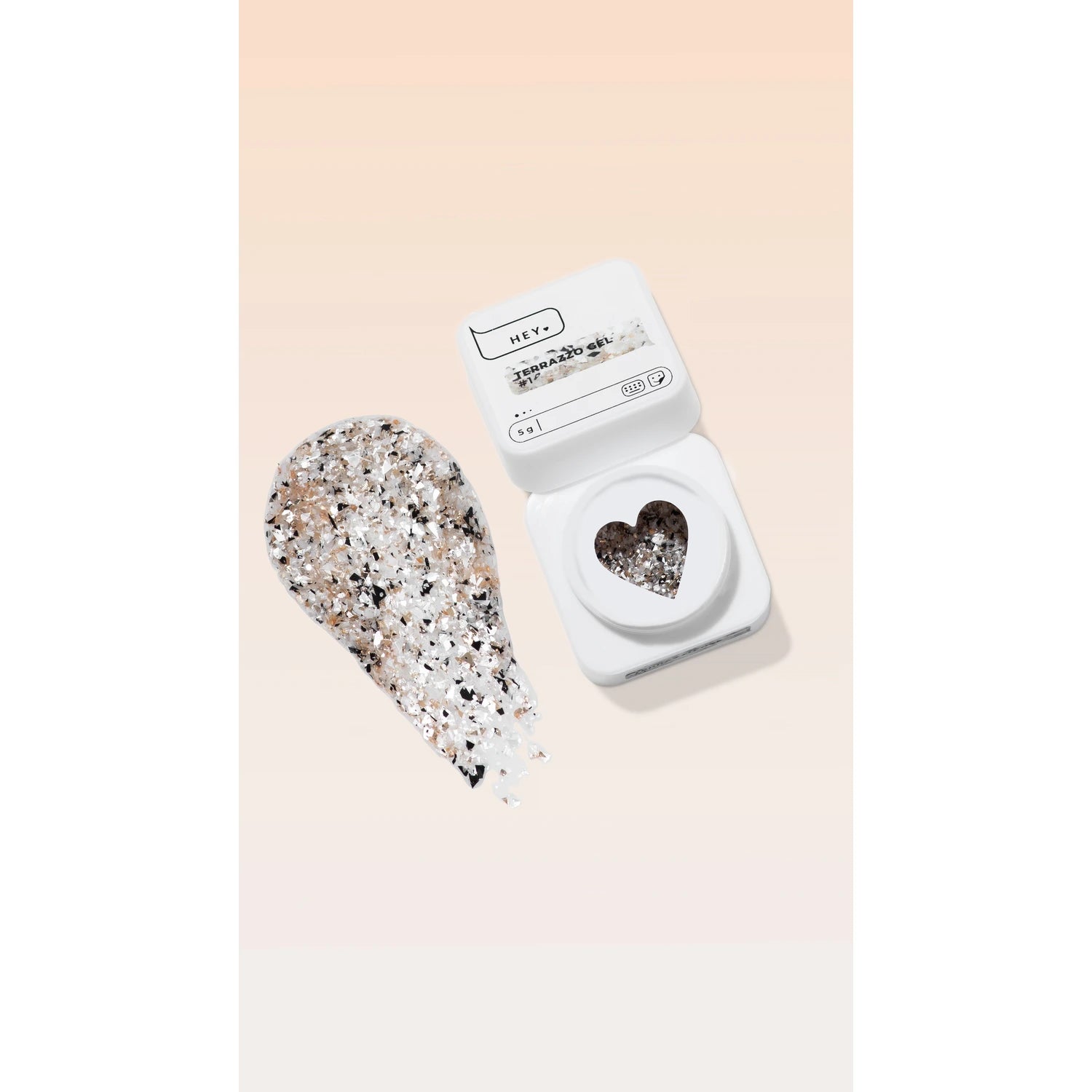Terrazzo silver glitter UV gel for nails in white jar with heart-shaped window, swatch shown.