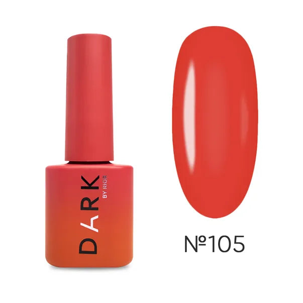 Red UV gel nail polish bottle with swatch, shade number 105 for manicure
