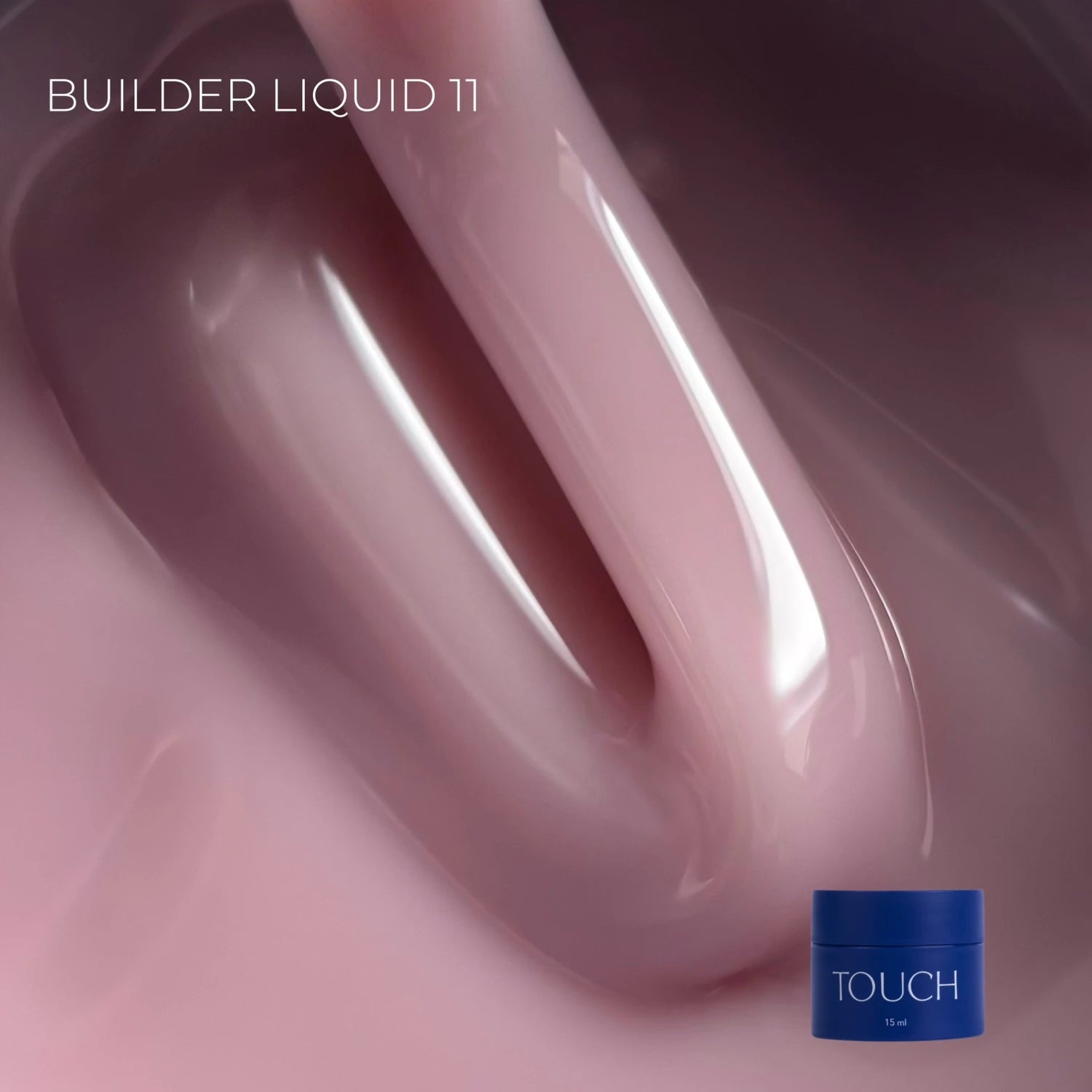 Pink builder gel texture close-up with blue Touch container, nail extension product