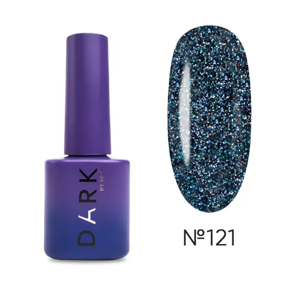 Purple nail polish bottle with black glitter gel polish swatch labeled No 121