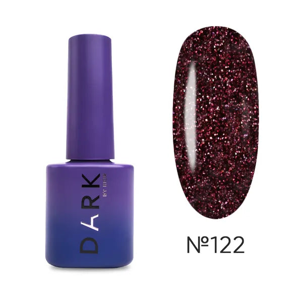 Dark purple gel nail polish bottle and swatch with glitter, shade number 122