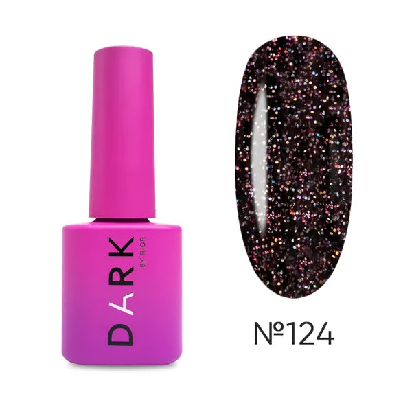 Dark gel nail polish bottle in pink with black glitter swatch, shade number 124