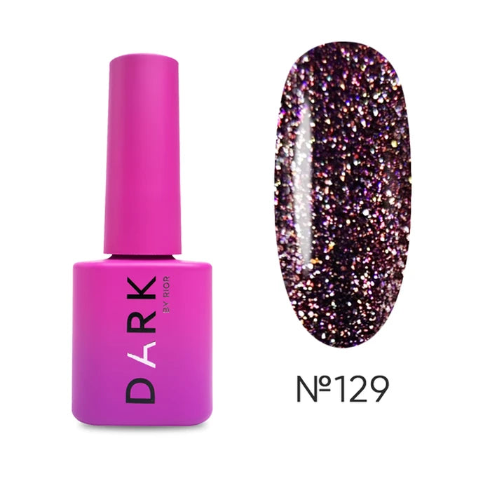 Purple glitter gel nail polish bottle and sparkly swatch, shade number 129