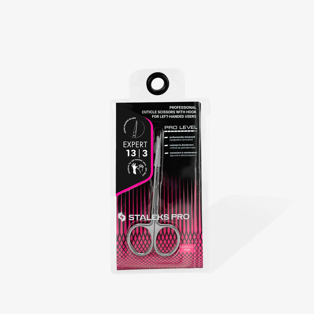 Professional cuticle scissors for left-handed users in retail packaging, manicure tool