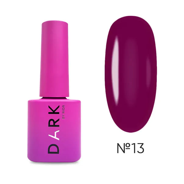 Dark purple gel nail polish bottle with matching painted nail swatch, shade 13.
