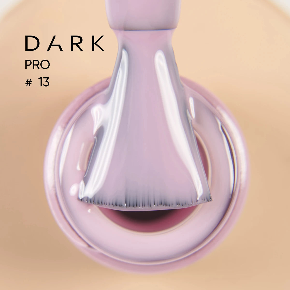Lavender gel nail polish brush close-up, creamy texture, labeled DARK PRO #13