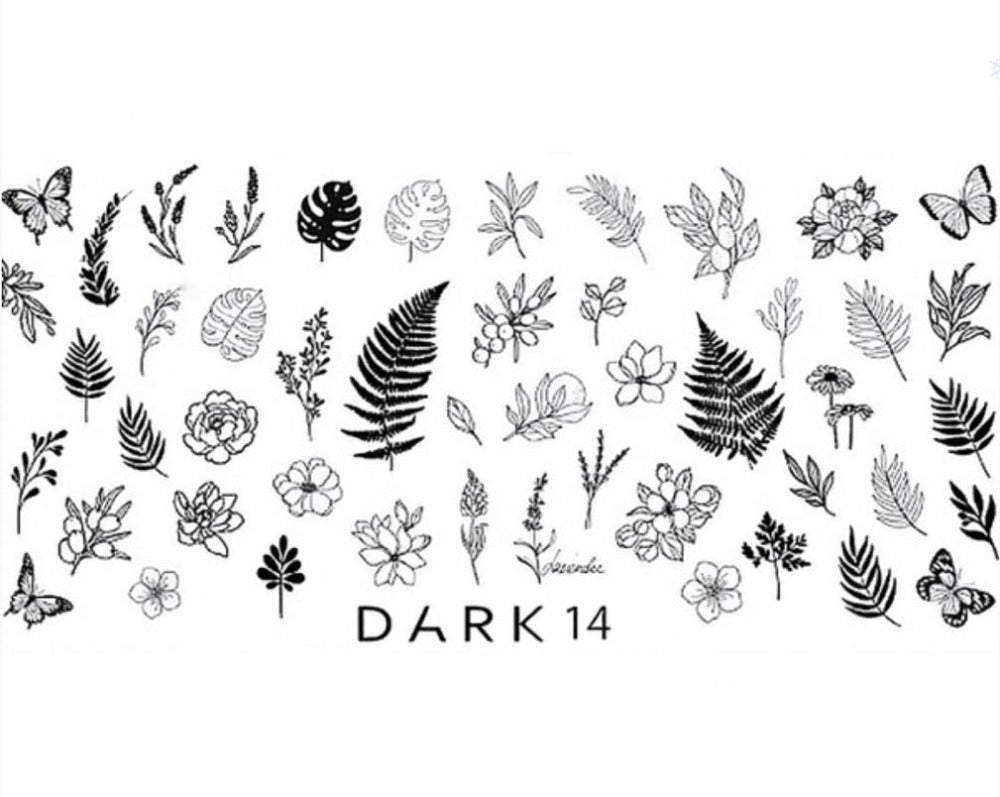 Assorted black floral, leaf, and butterfly nail art decals sheet labeled DARK 14