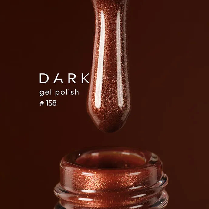 Dark gel polish  158 with a droplet and bottle on a dark background