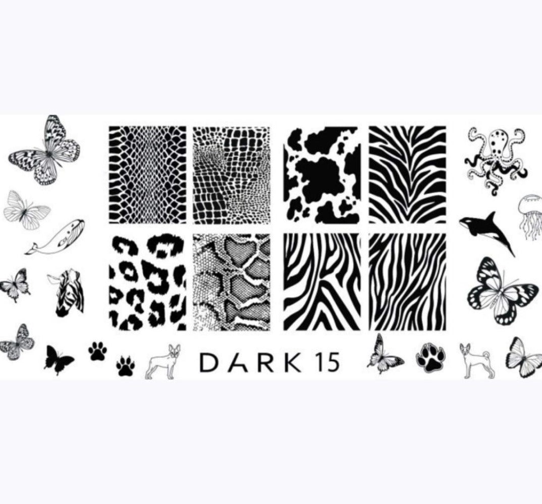 Nail art stamping plate with animal prints, butterfly designs, and marine motifs for manicure.