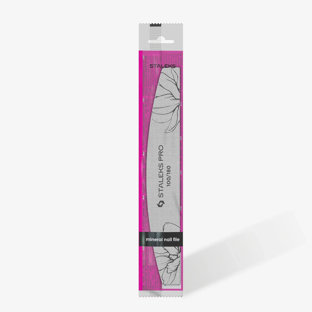 Staleks Pro mineral nail file 100/180 grit in pink floral packaging for manicure
