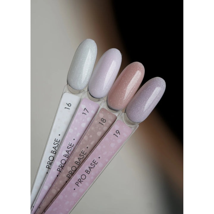 Set of four pastel UV gel nail polish swatches with shimmer finish, labeled 16 to 19.