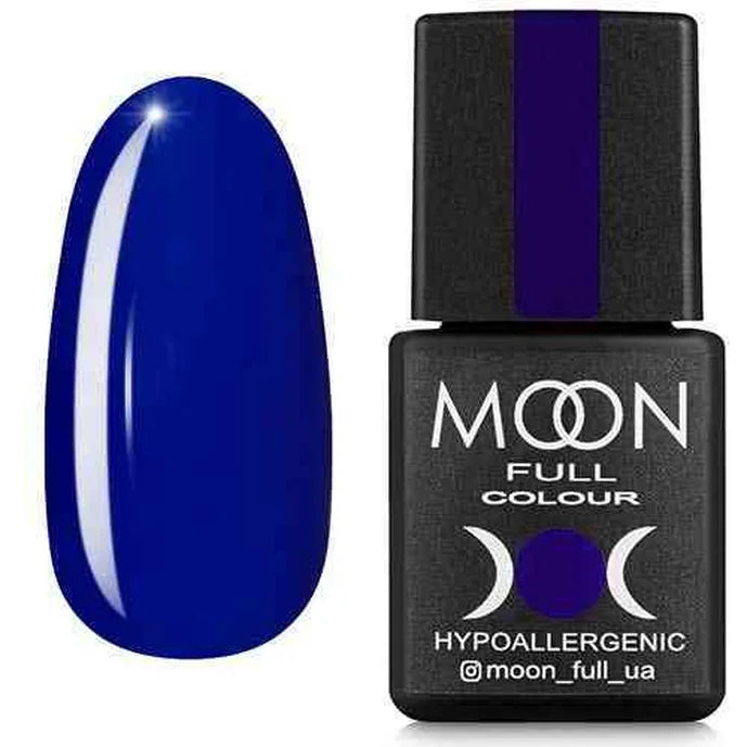 Deep blue gel nail polish bottle labeled MOON and matching glossy nail swatch