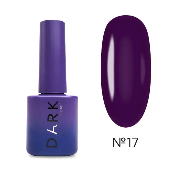 Dark purple gel nail polish bottle and matching swatch, shade number 17.