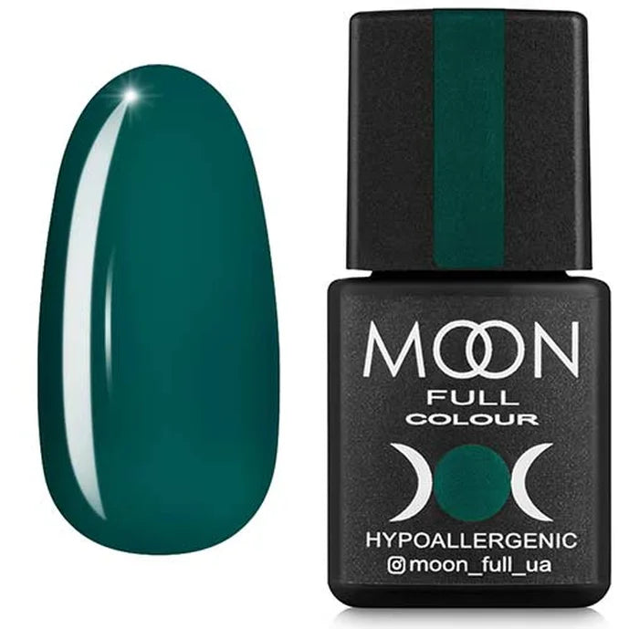 Green nail polish bottle with a matching nail swatch on a white background