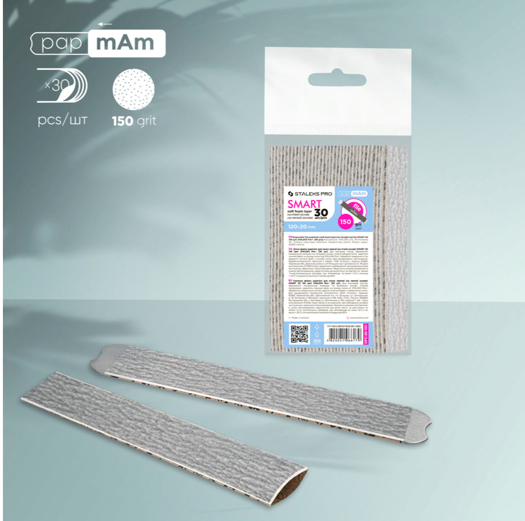 Pack of 30 Staleks Pro 150 grit disposable nail files, two shown outside packaging.