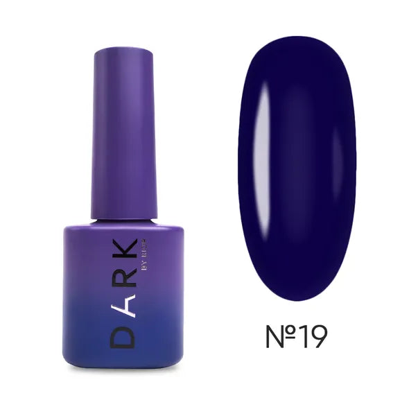 Dark purple gel nail polish bottle with matching color swatch, shade number 19