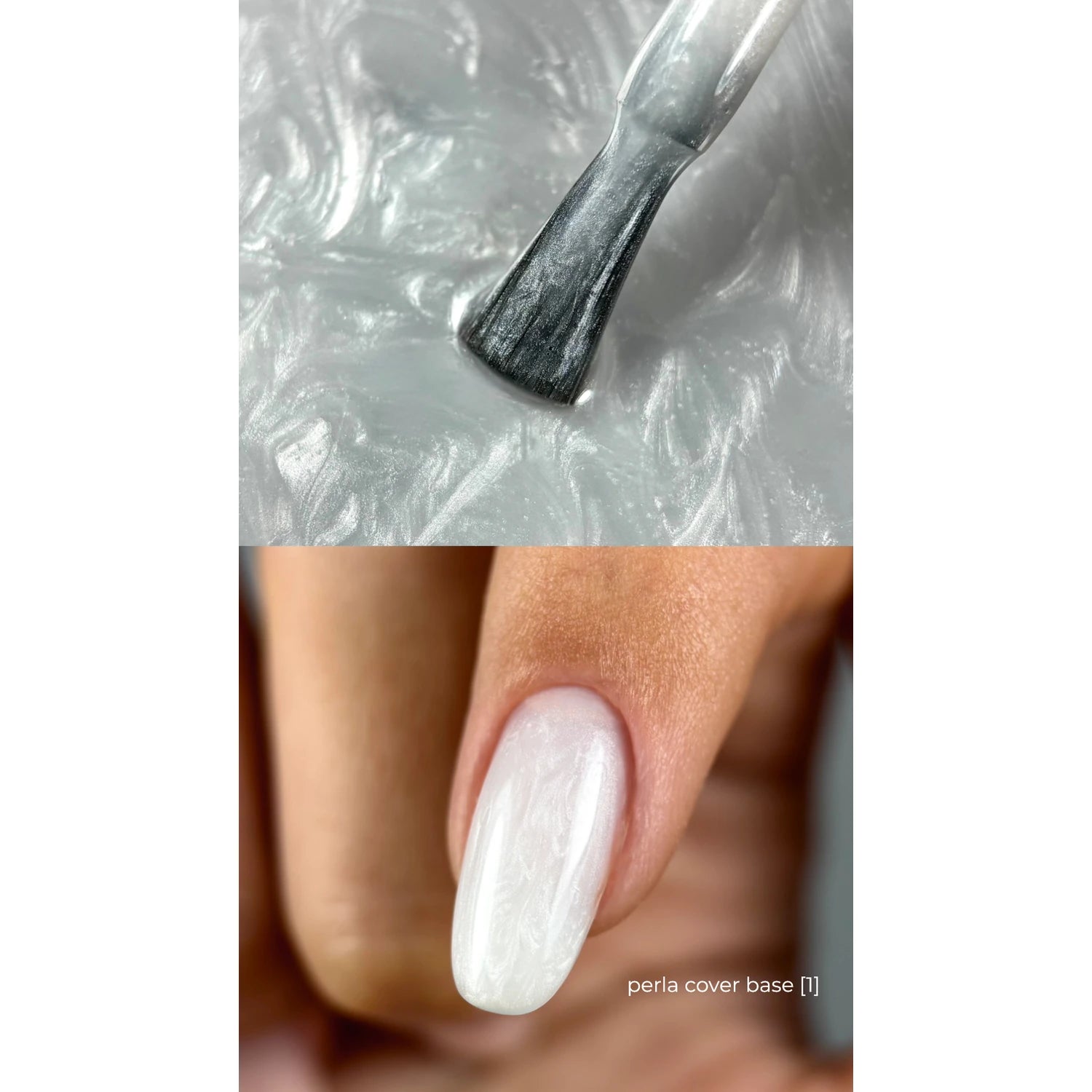 Close-up of pearly white gel nail polish being applied and finished on a fingernail.