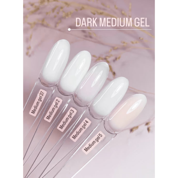 Assorted medium gel nail polish swatches on sticks, labeled with shades for manicure and nail art.