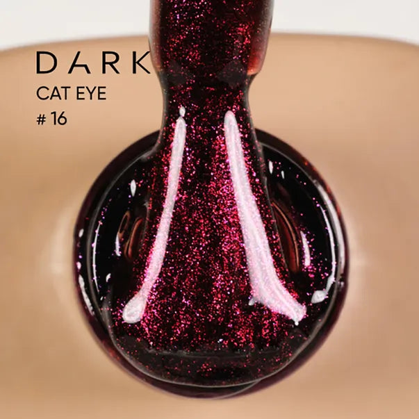 Dark Cat Eye #16 gel polish with deep burgundy glitter, close-up of brush and bottle.