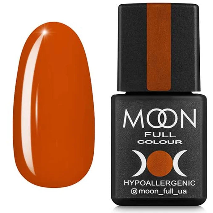 Orange nail polish with black bottle labeled 'MOON Full Colour' on a white background