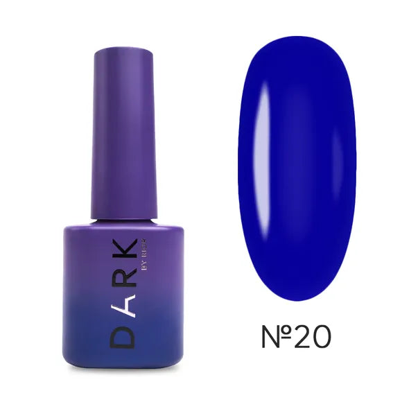 Dark blue gel nail polish bottle with matching swatch, shade number 20, for manicure.